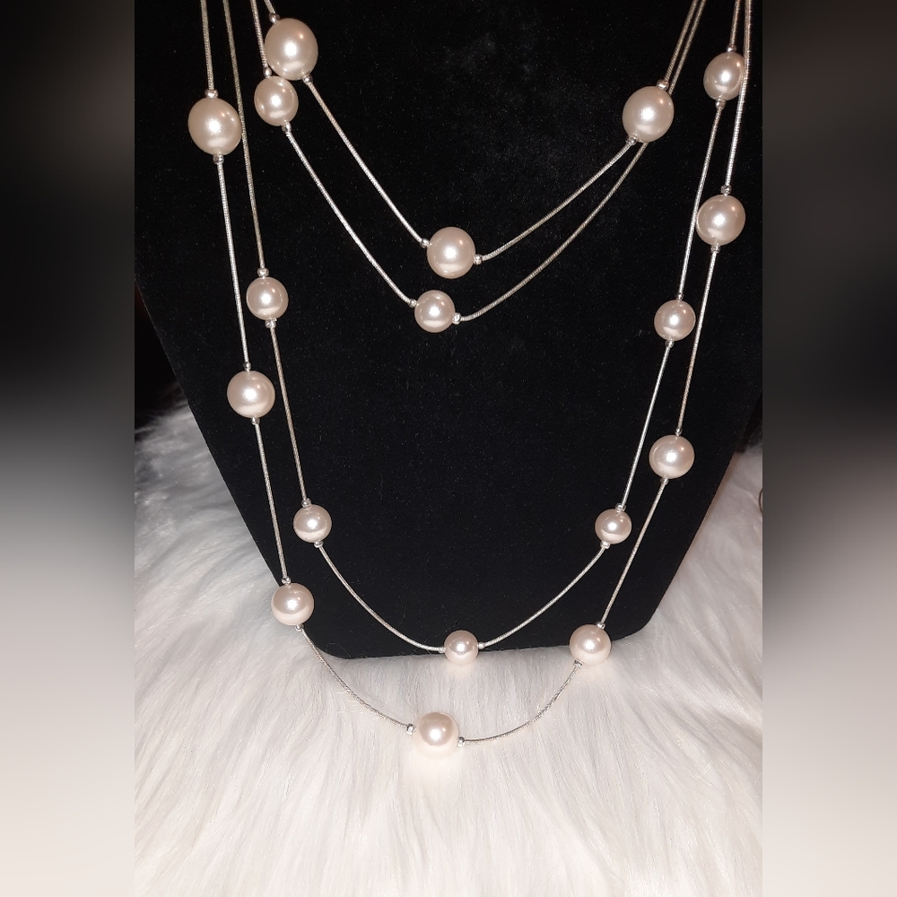 Long two strand faux pearl station necklace Roman brand